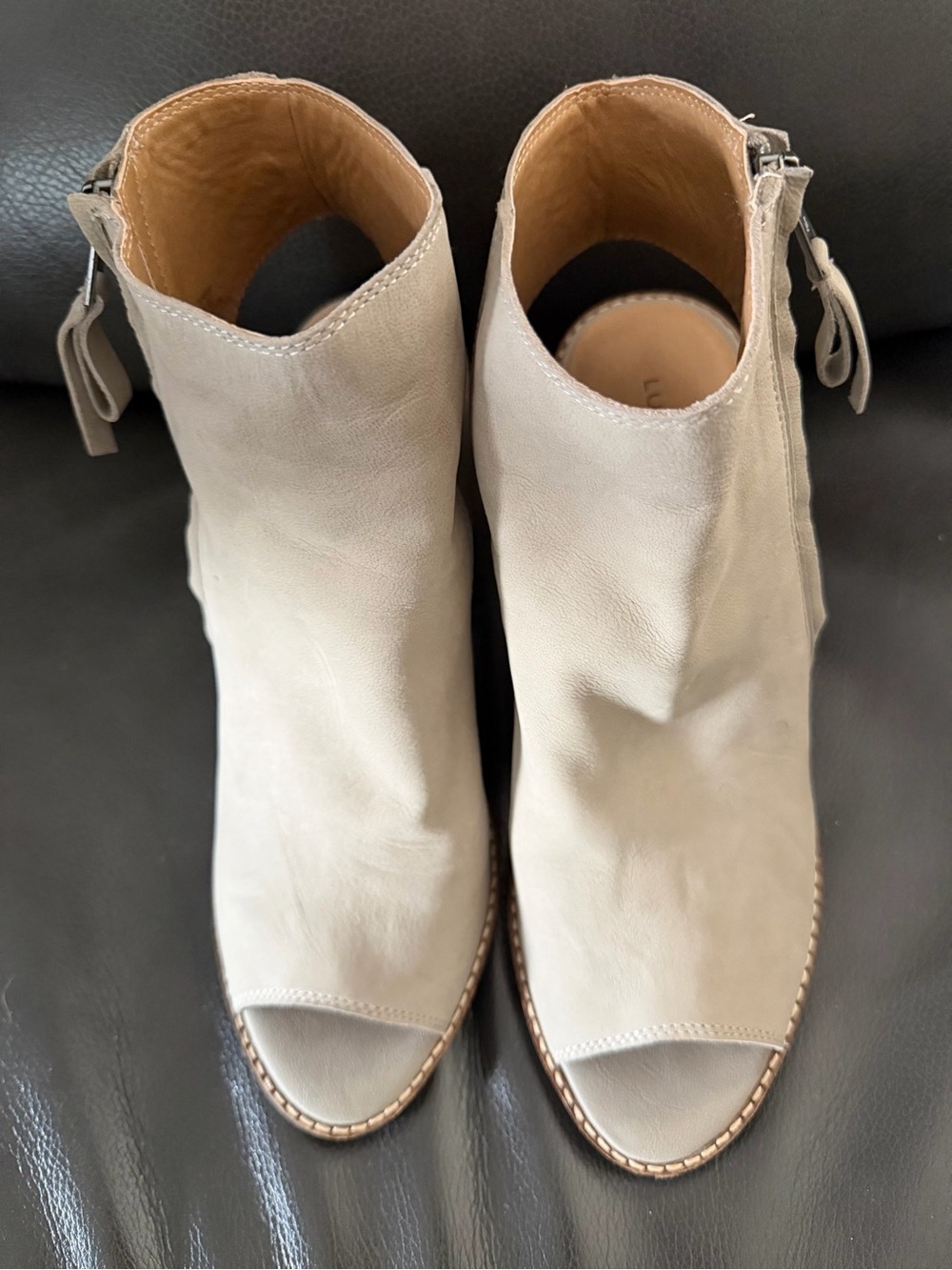 Lucky Brand Taupe Open-Toe Heeled Ankle Boots